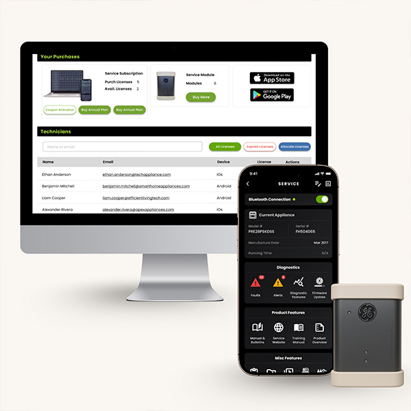 SmartHQ Service displayed on iMac and iPhone arranged alongside the required SmartHQ Service tool, arranged on a light grey background